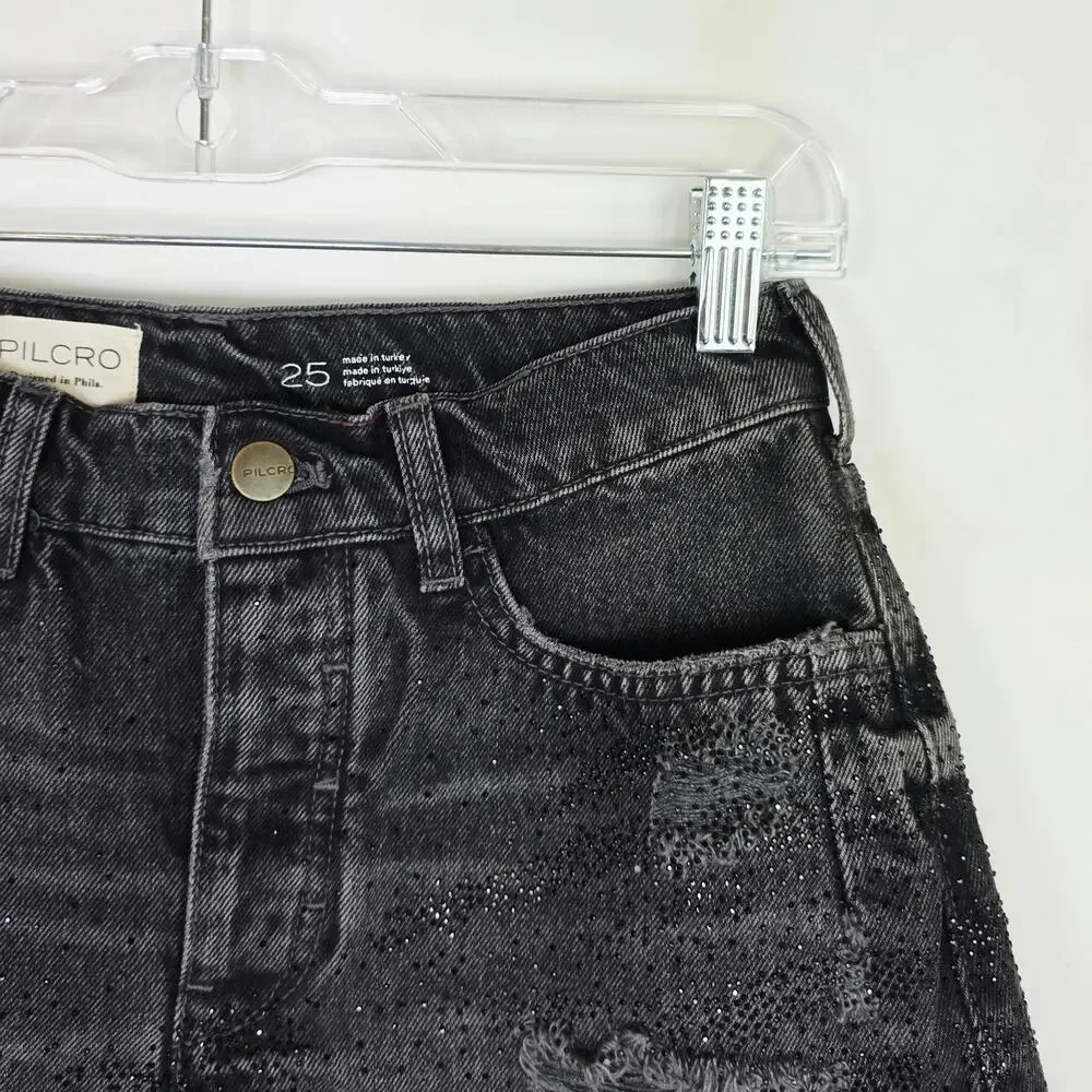 Pilcro Anthropologie Devon Denim Shorts 25 Black Rhinestone Distressed Frayed